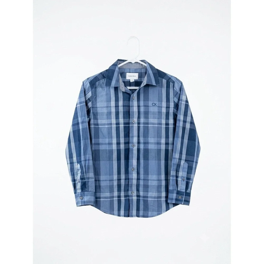 Calvin Klein Jeans Boys Size‎ 10/12 Blue Plaid Long Sleeve Button Down Shirt